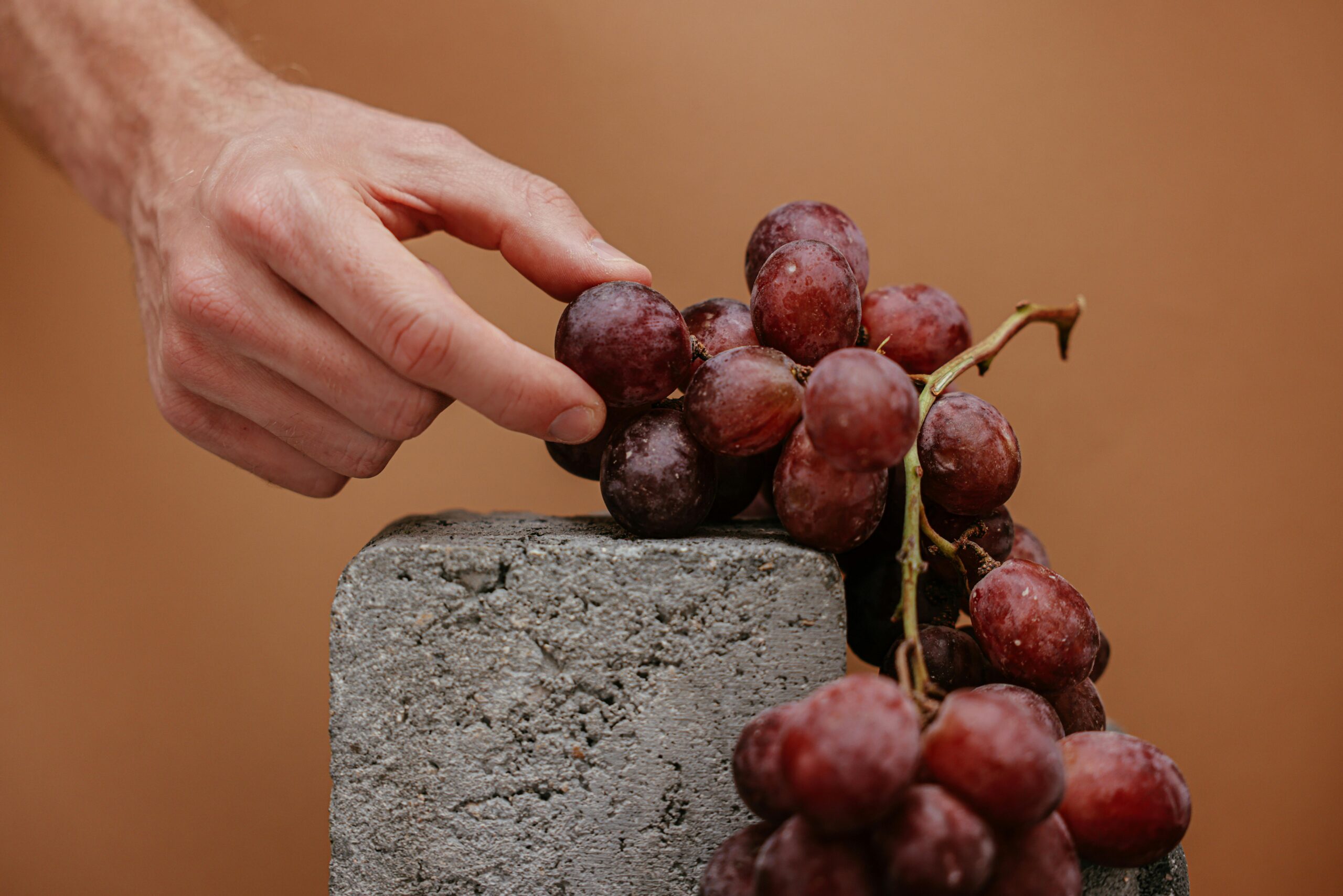 A close-up shot of red grapes and a hand on a stone block against a brown background.